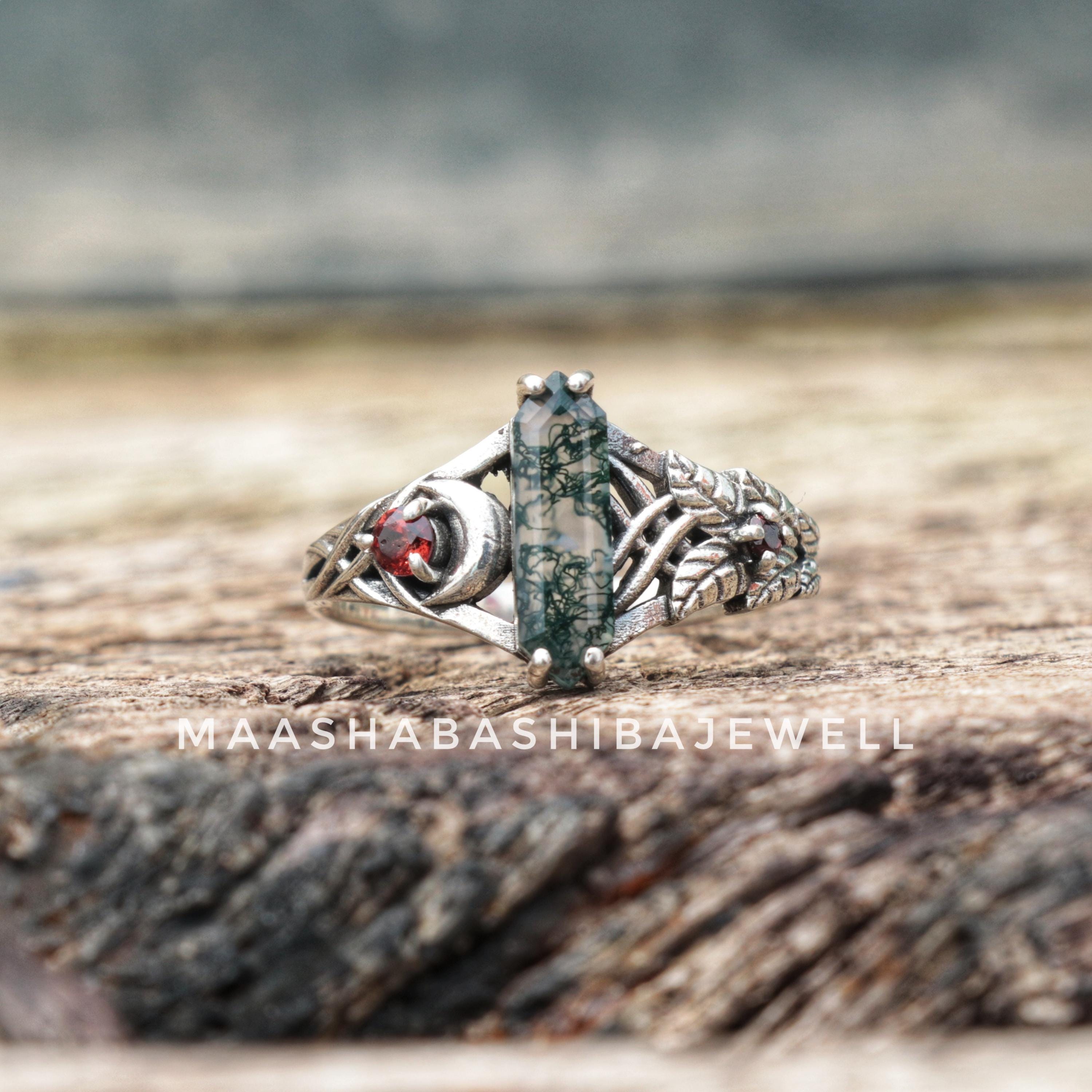 シルバーブランチモスアゲート＆ガーネットリング、925スターリング