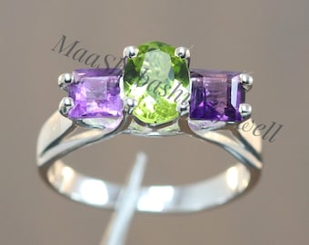 Sterling Silver Peridot Amethyst Ring, Multi Gemstone Stacking Ring