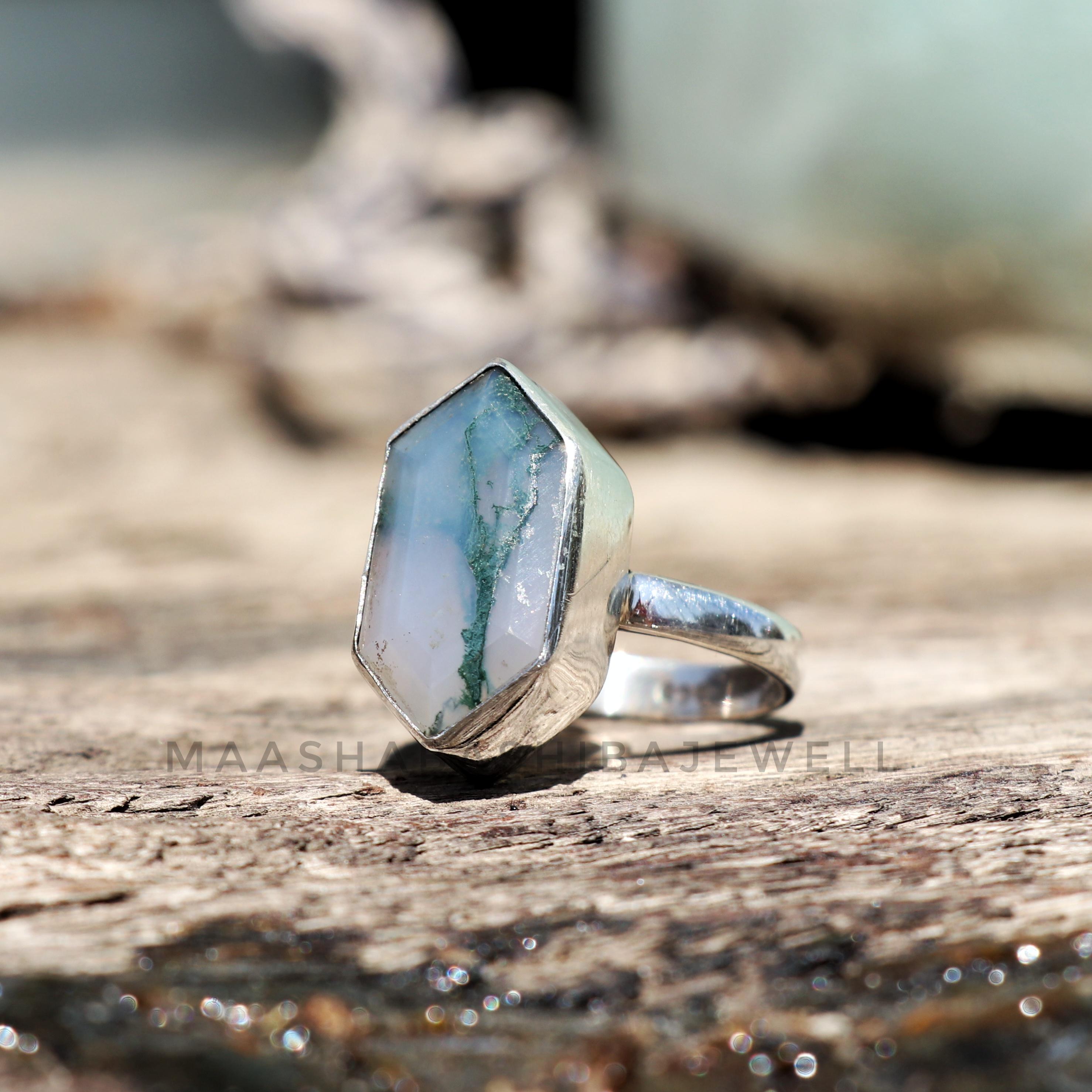 天然モスアゲートリング、925スターリングシルバーリング、六角形の