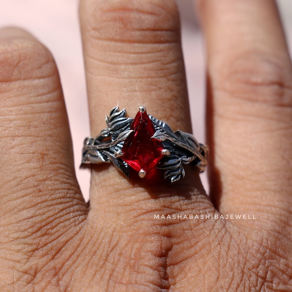 Kite Cut Red Garnet Engagement Leaves Ring, Twig Ring, Silver Branch Ring, Handmade Nature Inspired Ring, Dainty Promise Ring, Gift For Her