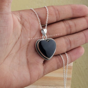 Colgante de corazón de ónix negro, collar de plata de ley, joyería hecha a mano
