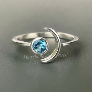 Blue Topaz Crescent Moon Ring, Minimalist Ring, 925 Sterling Silver Statement Adjustable Ring, Blue Topaz Ring, Birthstone Ring Gift For Her