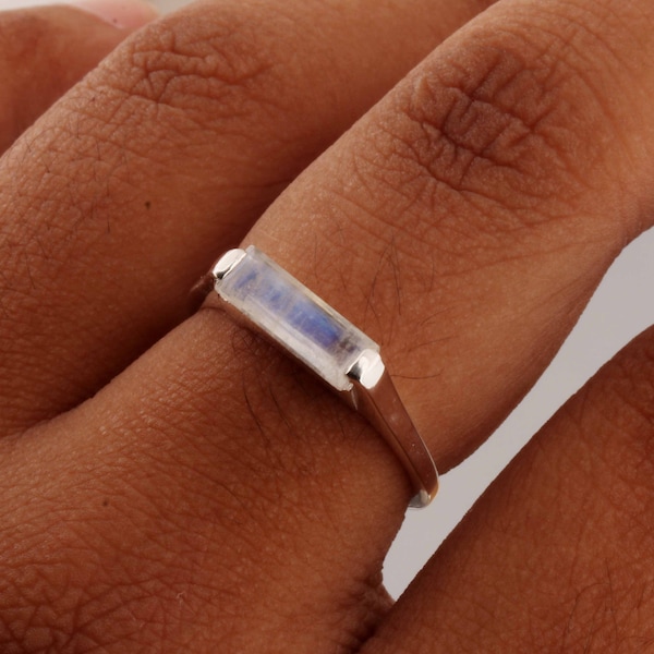 Rectangular Moonstone Ring, 925 Sterling Silver, Minimalist Bar Ring