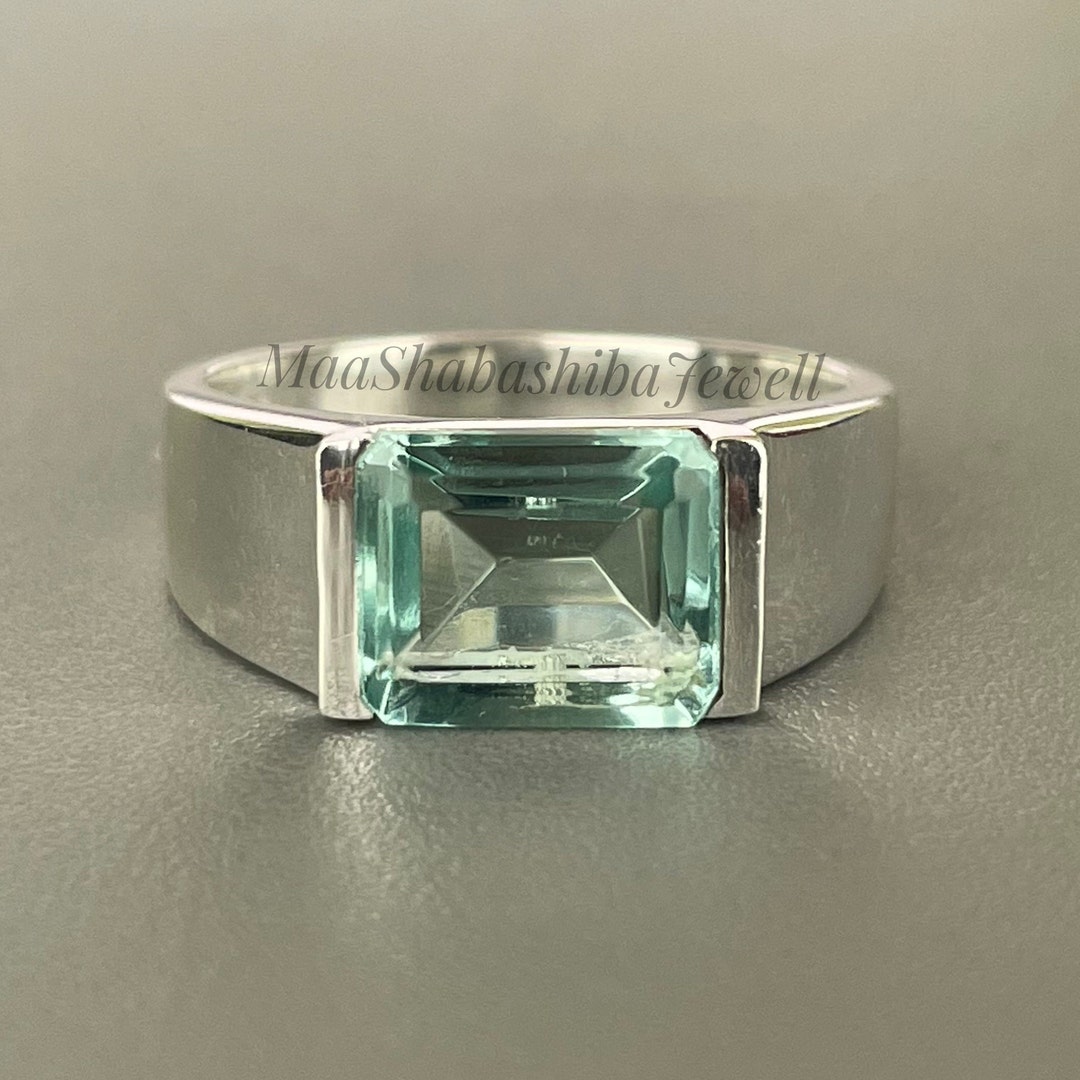 Natural Green Amethyst Ring For Men – Handmade Emerald Cut In Silver, Size 5-12, Customizable Birthstone