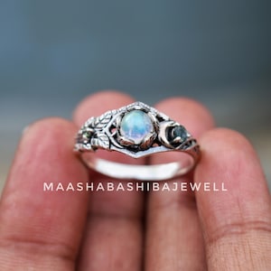Natural Moonstone Ring, Leaves 925 Sterling Silver Ring, Crescent Moon Ring, Nature Inspired Ring, Wedding Ring, Birthday Gift For Women