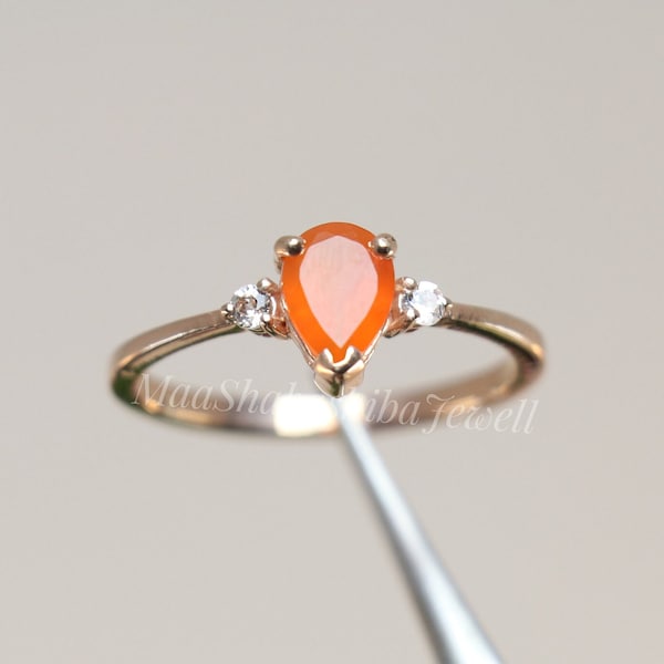 Natural Carnelian Ring, Carnelian Silver Ring, Pear Shape Orange Stone Ring, Crystal Ring, 925 Sterling Silver-Engagement Ring, Ring For Her