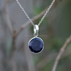 Indian Blue Sapphire Necklace, 925 Sterling Silver Necklace, Handmade Round Gemstone Pendant, Sapphire Jewelry, Wedding Pendant, Women Gift