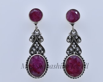 Ruby Earring, 925 Sterling Silver Ruby Earrings For Women, Red Ruby Earrings, Handmade Silver Boho Earrings, Gift For Her, Anniversary Gift
