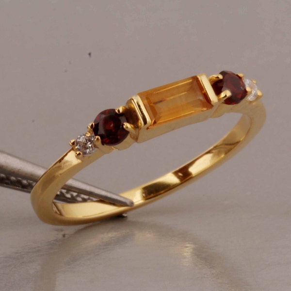 Natural Citrine Baguette Ring, Garnet Ring, 18k Gold Vermeil, Citrine Ring, Engagement Ring, Multi Stone Ring-Minimalist Ring, Birthday Gift