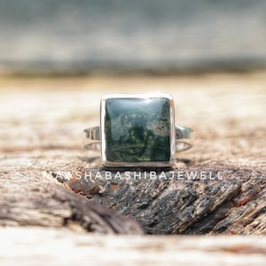 Anillo de ágata musgosa natural, plata de ley 925, hecho a mano, piedra preciosa verde, anillo de bodas, ideal para el día a día, regalo de cumpleaños.
