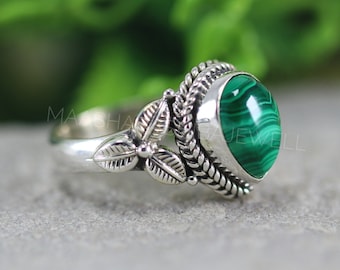 Natural Pear Malachite Ring, Oxidized 925 Sterling Silver, Boho Ring