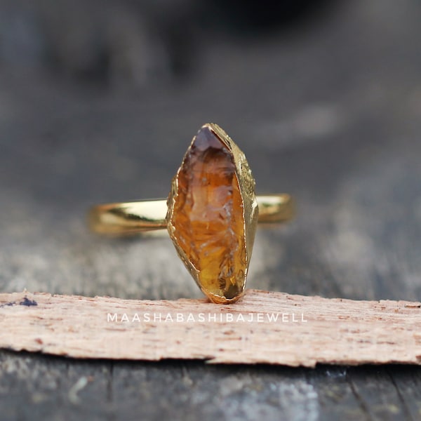 Natural Raw Citrone Ring, Electroformed Ring, Electroplated Ring, Gold Ring, 925 Sterling Silver Boho Ring, Rough Citrine Ring, Women Ring