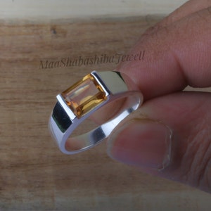 Natuurlijke citrien herenring, statementring, Citrien Emerald Cut ring, 925 sterlingzilver, zegelring heren, jubileumring, cadeau voor hem