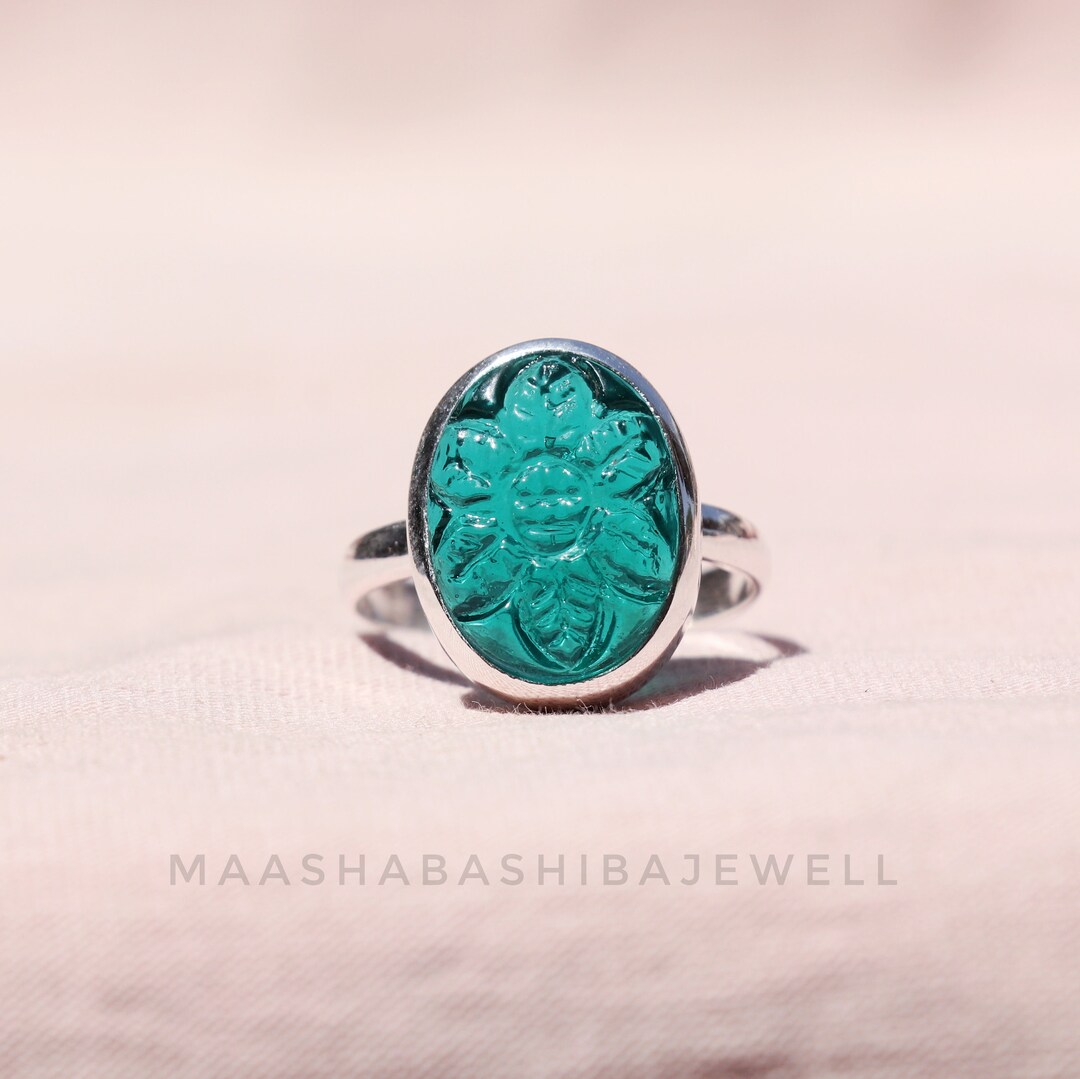 Emerald Quartz Ring, Craved Gemstone Ring, 925 Sterling Silver Ring