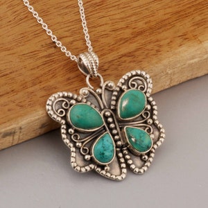 Tibetan Natural Turquoise Pendant, Turquoise Butterfly Pendant, 925 Silver Pendant, Gemstone Pendant, Gift For Her, Silver Butterfly Pendant