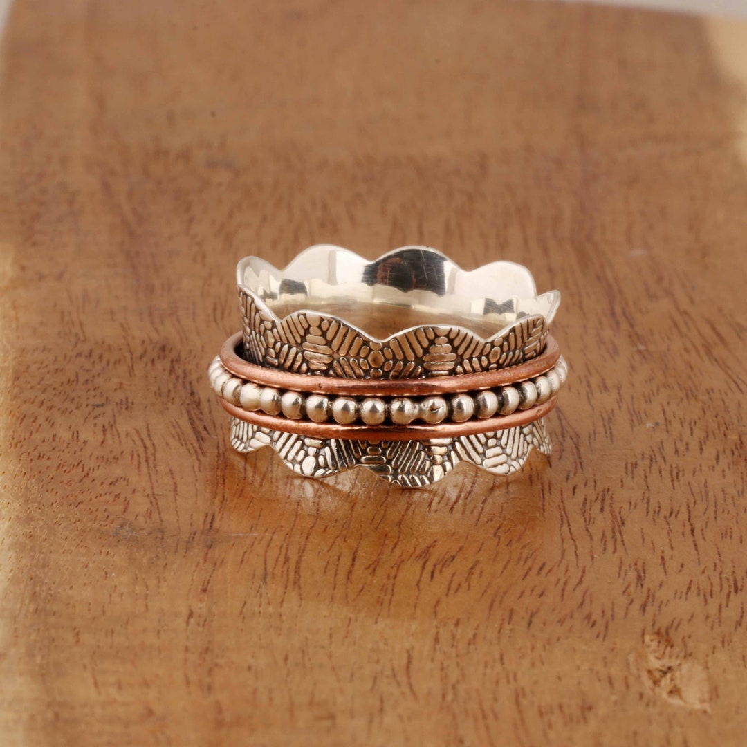 Sterling Silver Two Tone Spinner Ring, Boho Fidget Anxiety Ring - Etsy