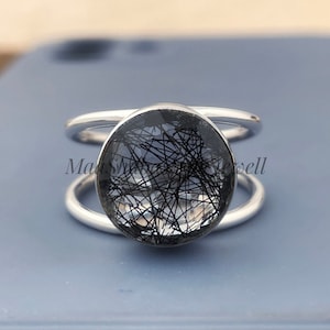 Anel Boho de Quartzo Preto Rutilado Natural, Anel de Prata 925, Anel de Quartzo Rutilado, Anel Boho, Anel de Cura, Anel para Mulheres, Anel de Compromisso