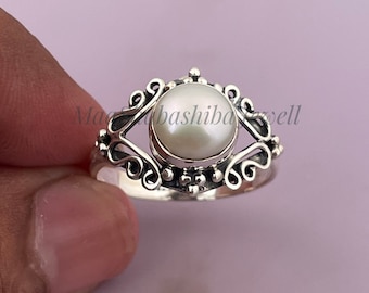 Natural Pearl Ring-925 Sterling Silver Ring-Handmade Silver Ring-Round Fresh Water Pearl Ring-Gift for her-Promise Ring-June Birthstone