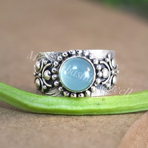 Handmade Aqua Chalcedony Sterling Silver Ring, Wide Band, Textured