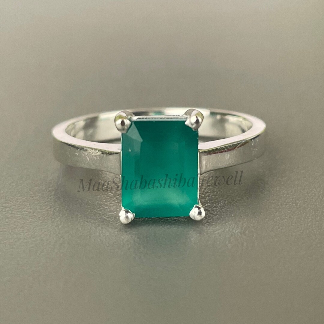 Bague Vintage En Argent Massif 925 Avec Onyx Vert émeraude - Taille 53.5, état Parfait