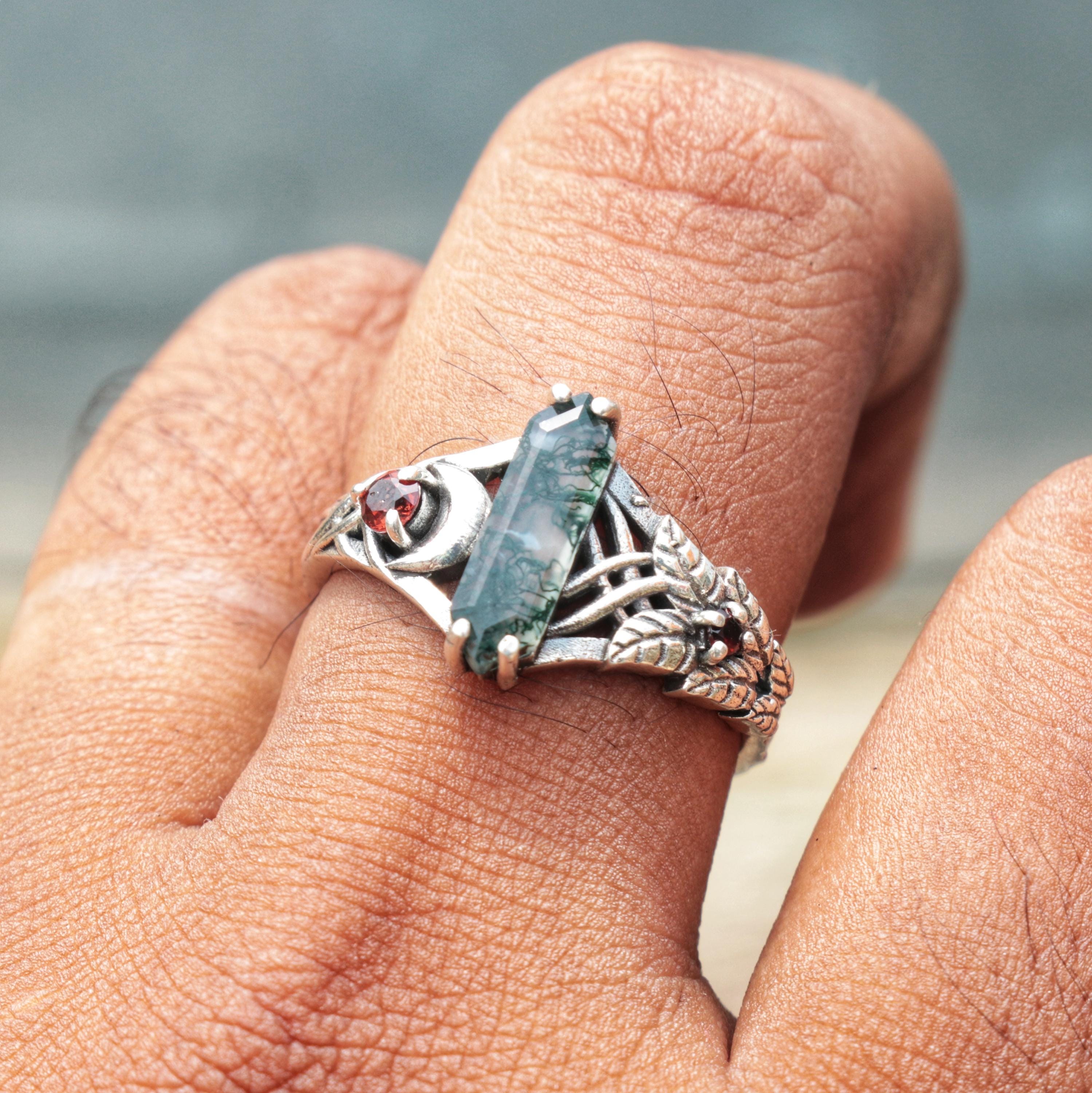 シルバーブランチモスアゲート＆ガーネットリング、925スターリング