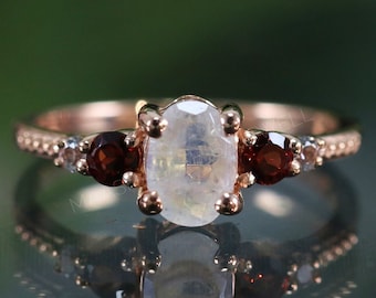 Rainbow Moonstone Garnet Ring, 925 Sterling Silver Stacking Ring