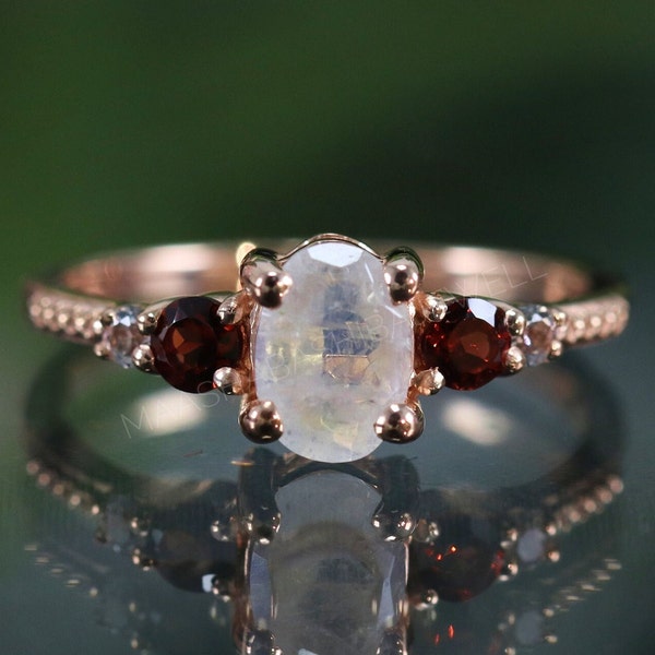 Rainbow Moonstone Garnet Ring, 925 Sterling Silver Stacking Ring