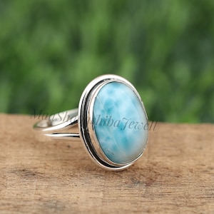 Handmade Oval Larimar Ring, Sterling Silver, Designer Gemstone