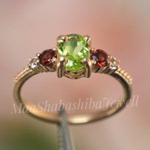 Natural Peridot Ring, Natural Garnet Ring, Designer Ring, 925 Sterling Silver, Multi Gemstone Ring, Birthstone Ring, Peridot Solitaire Ring