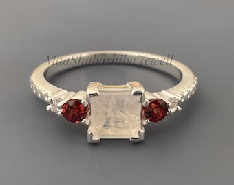 Rainbow Moonstone Garnet Ring: Sterling Silver Stacking Ring