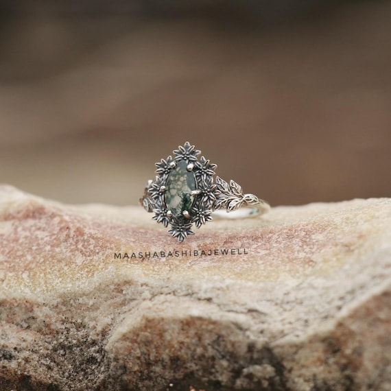 天然石リング、天然モスアゲート、シルバー 925、花の装飾指輪