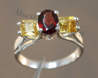 Garnet and Citrine Ring, Sterling Silver, Multi Gemstone Stacking Ring