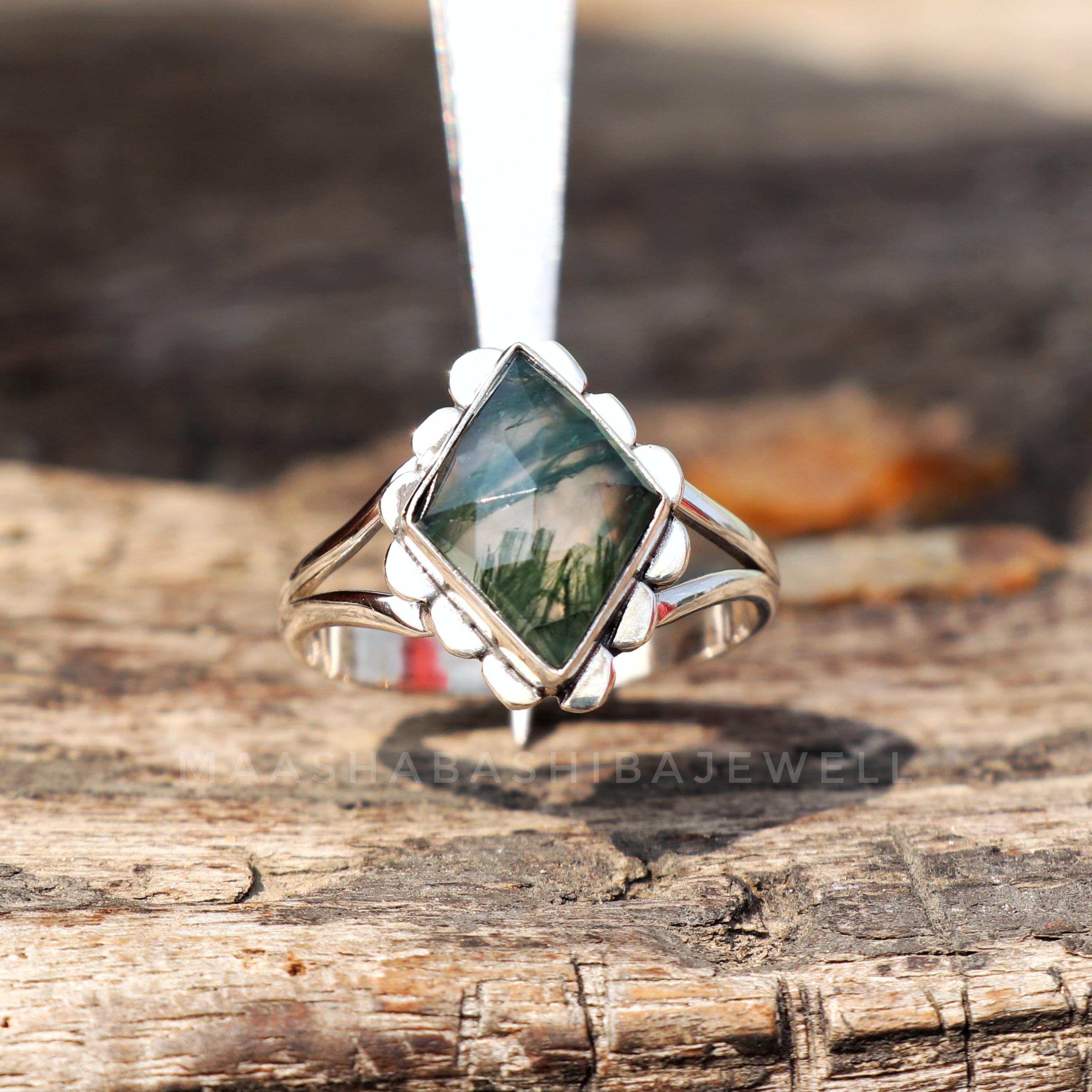 天然モスアゲートリング、925スターリングシルバーリング