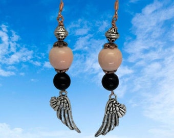 Earring, Shungite crystal,  pink Opal bead,  copper and silver alloy findings,copper earwire, non allergenic