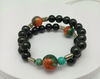 SHUNGITE Crystal, with Coral/Turquoise and silver alloy beads.