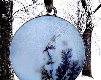 Sterling Silver Moss Agate Pendant. (Round)