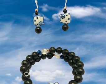 Hello Kitty bead and SHUNGITE Crystal  bracelet and earring set. Wraparound Memory wire. Adjusts to size!