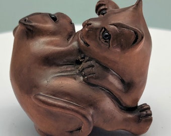 Netsuke "Two cats playing" very rare find, collectable, vintage hand carved Art object,