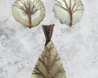 Natural stones are the base for this earrings and matching pendant set. The stones are hand cut, and the copper wire-wrapping is handmade.