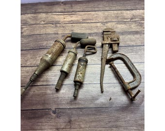 Lot Of Vintage Grease Guns And Pipe Wrench & C Clamp