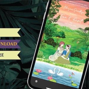 May include: A smartphone displays a digital invitation for a "Bhajan Sandhya" event, featuring a couple in traditional attire. The invitation includes text and a scenic illustration of a garden with a lake, swans, and lotus flowers. The background is a dark green leafy pattern.