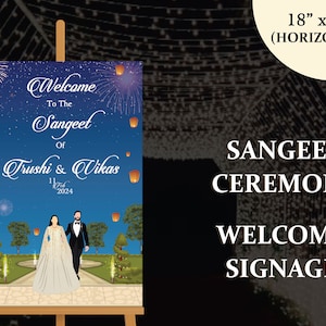 May include: A welcome sign for a Sangeet ceremony, measuring 18" x 24". The sign features a night sky design with fireworks and floating lanterns. It includes the text "Welcome to the Sangeet of Trushi & Vikas" and the date "11 Feb 2024".