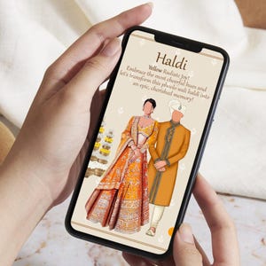 Op de afbeelding: Een smartphone toont een illustratie voor een Haldi-ceremonie. De afbeelding toont een stel in traditionele Indiase kleding, met de tekst "Haldi" en "Yellow Radiate Joy!". De illustratie is in tinten geel en oranje.
