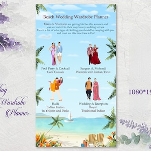 以下が含まれることがあります： ビーチウェディングワードローブプランナー。さまざまな結婚式のイベントの衣装のイラストが描かれています。プランナーには、プールパーティー＆カクテル、サンギート＆メヘンディ、ハルディ、ウェディング＆レセプションのテキストと画像が含まれています。