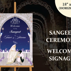 May include: A horizontal welcome sign on an easel, 18" x 24", for a Sangeet ceremony. The sign features an illustration of a couple under an archway with the text "Welcome to The Sangeet of Tanvi & Shivam" and the date June 18, 2024.