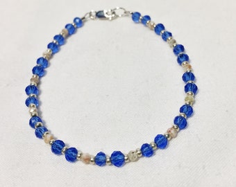 20-164 - 7" Blue Glass Crystal Bead Handmade Bracelet with Silverite Sapphires. PrettyBracelets123