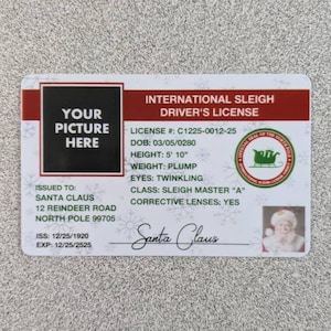 Custom Santa Driver&#39;s License, Christmas Gift for Kids, Santa Claus Ornament ID Card, Fun Stocking Stuffer, Christmas Card, Santa Sleigh ID