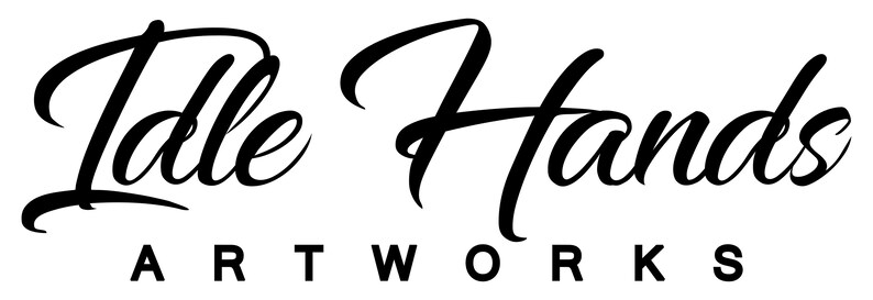 May include: Black and white logo for Idle Hands Artworks. The logo features the words "Idle Hands" in a stylized script font.