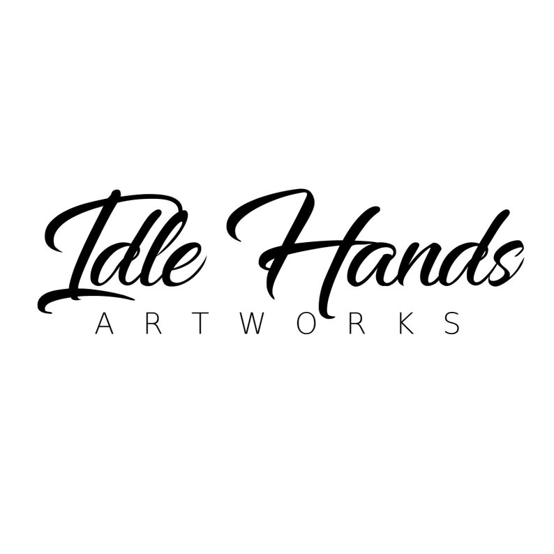 May include: Black and white logo with the text "Idle Hands Artworks" in a stylized script font.