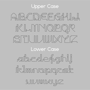 May include: A graphic design font alphabet in uppercase and lowercase letters. The font is a geometric sans-serif style with a futuristic look.